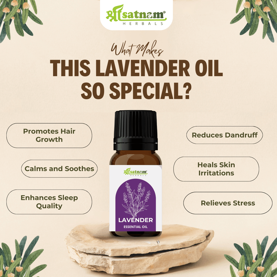 Shree Satnam Herbals Lavender Essential Oil promoting hair growth, calming effects, reducing dandruff and stress relief.