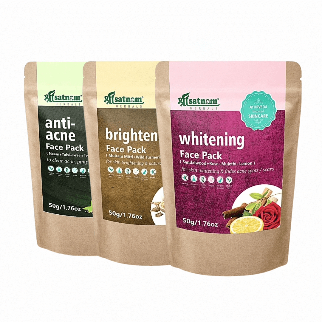 Shree Satnam Herbals facepack combo featuring anti-acne, brightening, and whitening packs for clear, glowing skin.