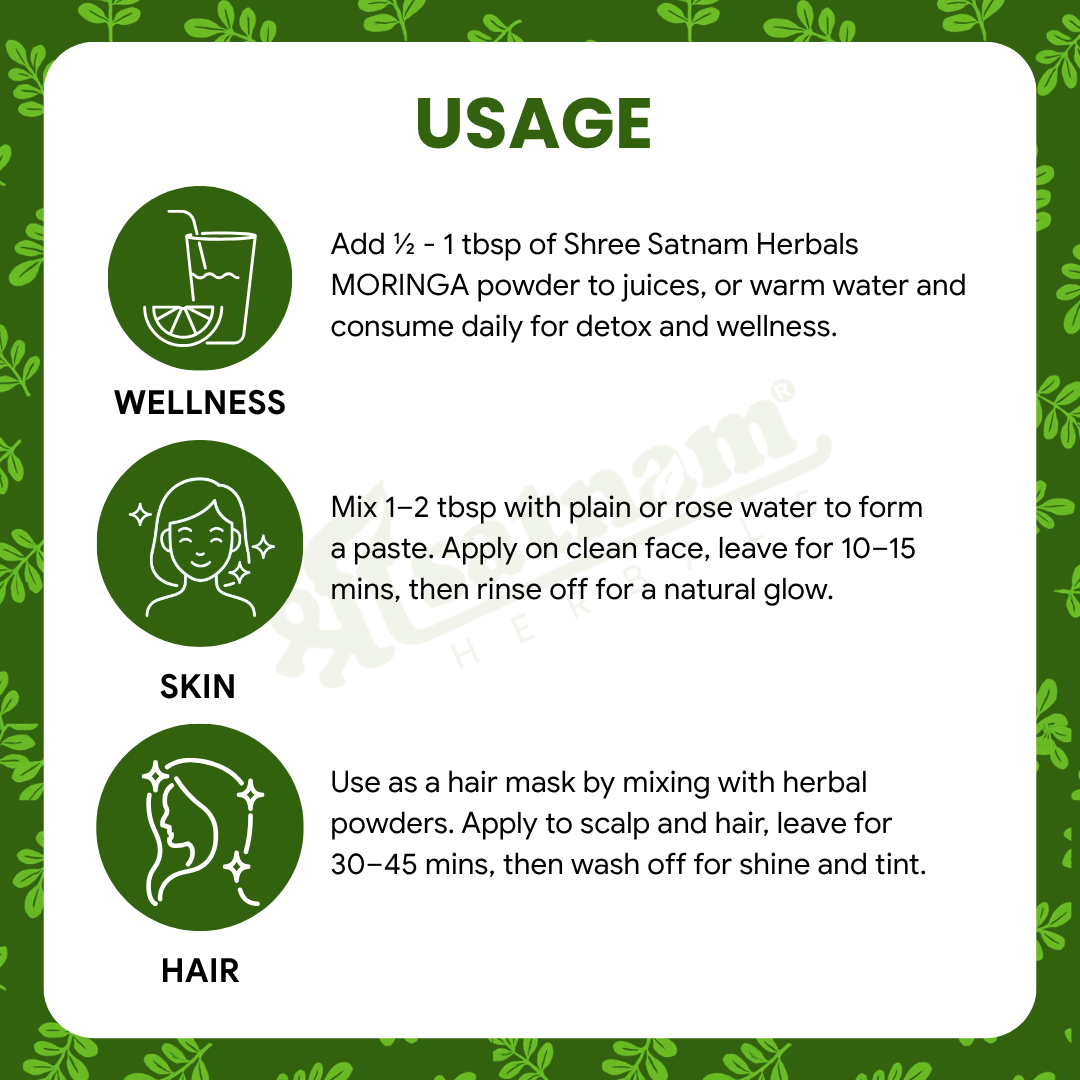 Pure Moringa Powder – Herbal Superfood for Energy, Detox, Skin, Hair & overall Wellness (100g)
