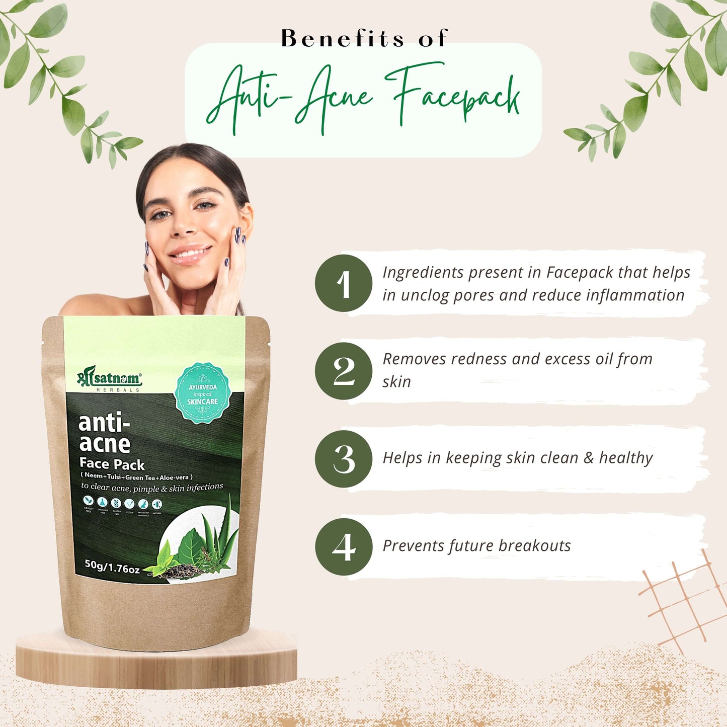Design showcasing benefits of Shree Satnam anti-acne facepack, including oil control and breakout prevention.