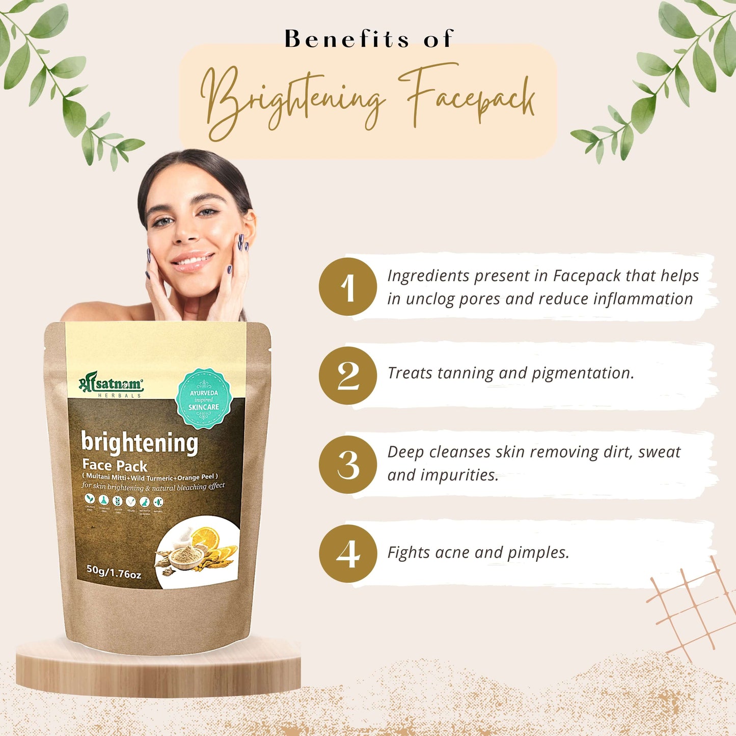 Brightening face pack benefits: unclogs pores, treats tanning, deep cleanses skin, fights acne for fresher, glowing complexion.