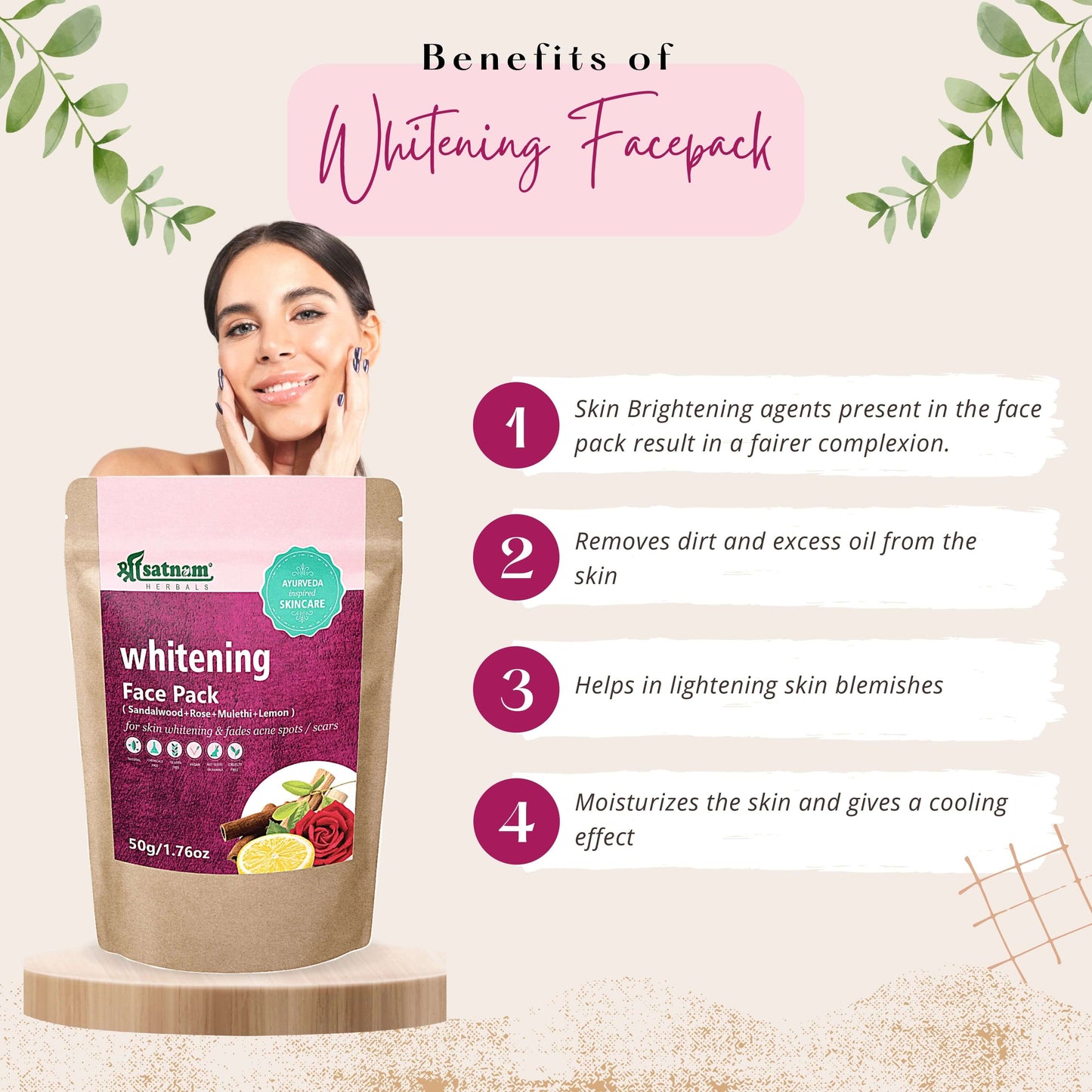 Whitening facepack benefits: brightens skin, removes dirt, lightens blemishes, and moisturizes for a cooling effect.