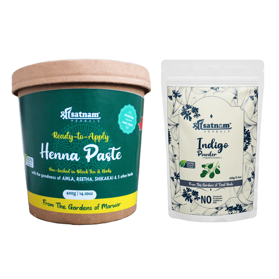 Shree Satnam Herbals Pre-Soaked Ready to apply Henna Paste 400gm & Organic Indigo Leaf Powder 100gm for Rich BLACK shade, Hair Growth, Hairfall Control & Hair Smoothening (Combo Pack of 2)
