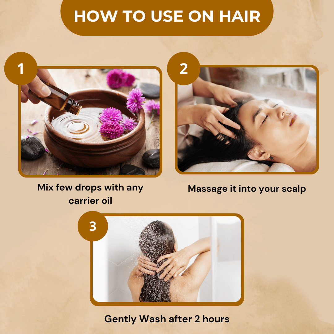 Step-by-step guide on using clove essential oil for hair care, including mixing, massaging, and washing.