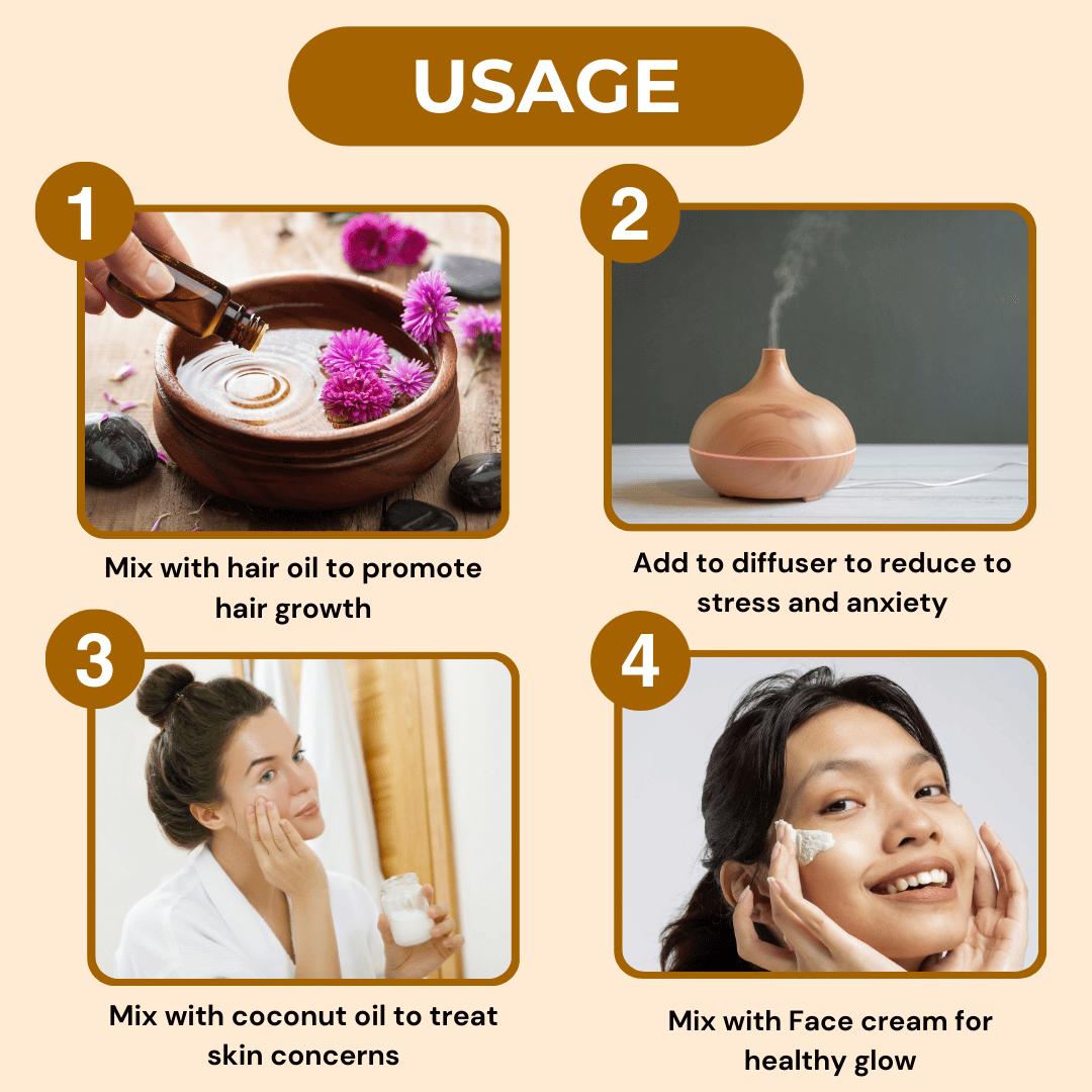 Usage guide for Shree Satnam Herbals Clove Oil: promotes hair growth, reduces stress, treats skin, and enhances face cream.