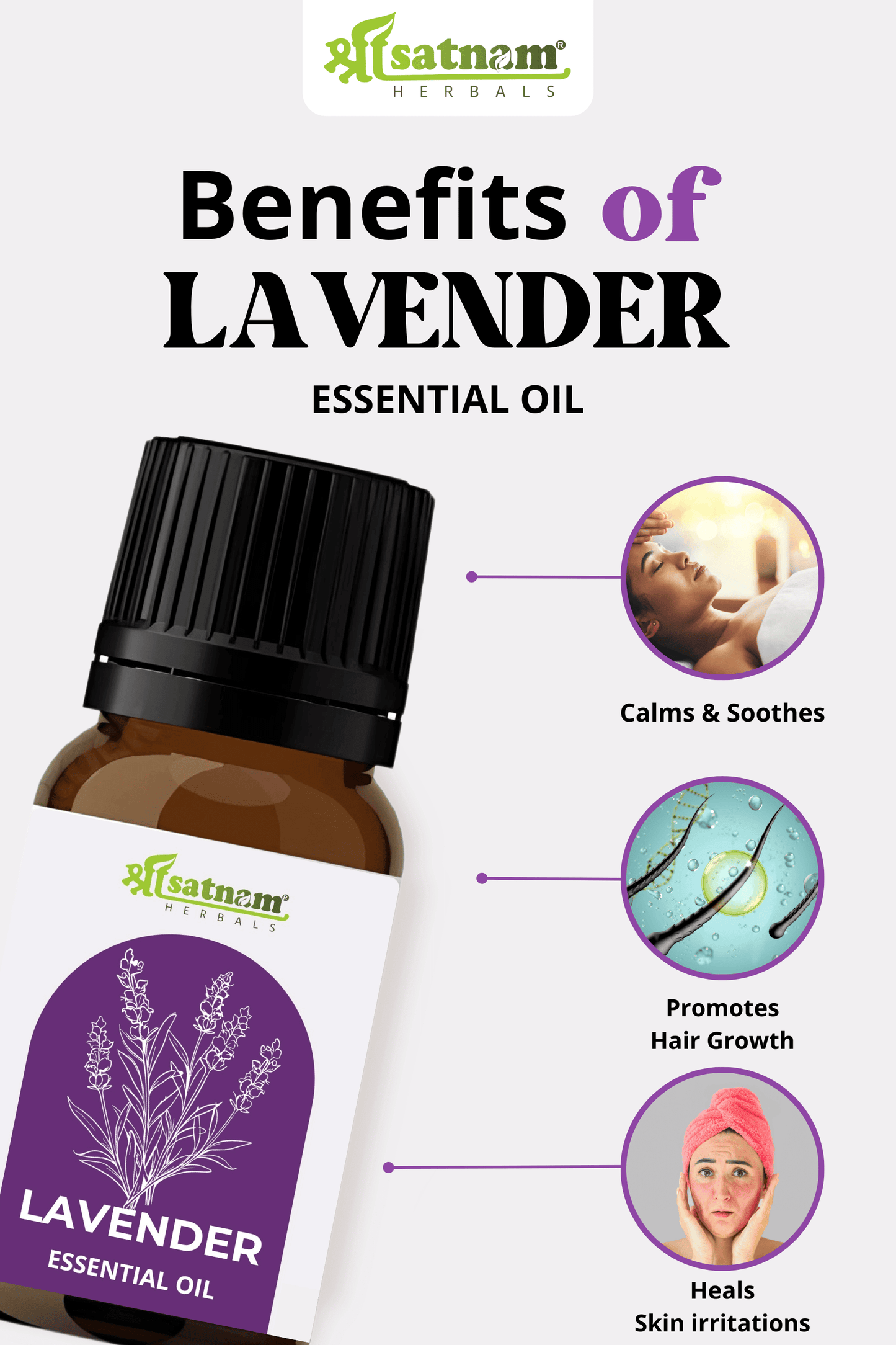 Shree Satnam Herbals Lavender Essential Oil benefits: calms, promotes hair growth, heals skin irritations.