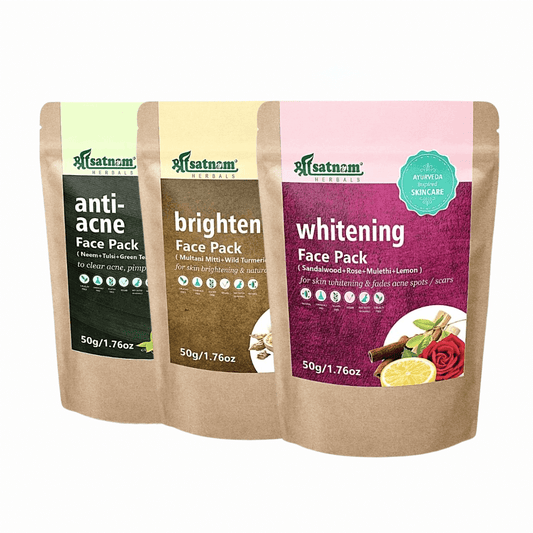 Shree Satnam Herbals facepack combo featuring anti-acne, brightening, and whitening packs for clear, glowing skin.