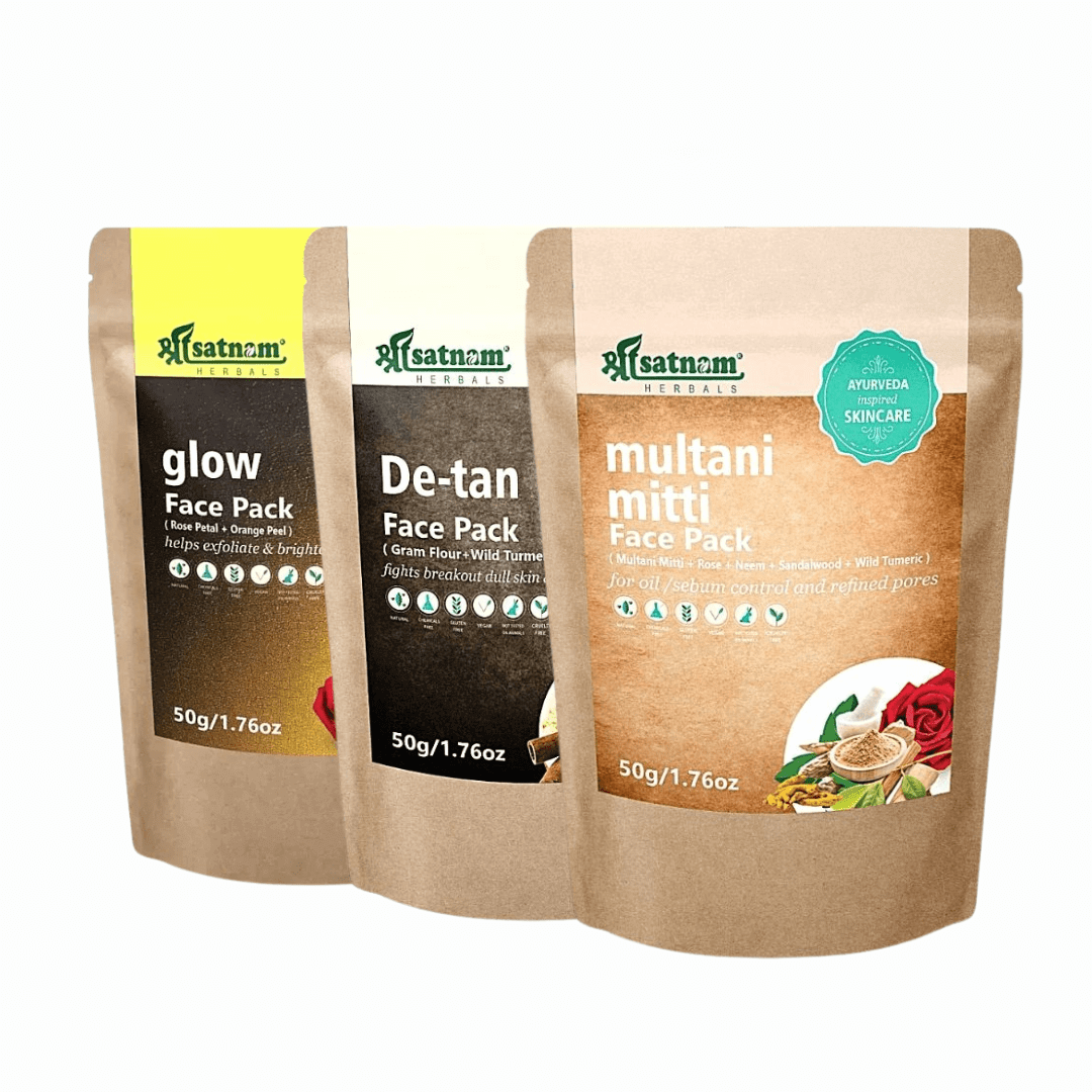Shree Satnam Herbals face pack combo: Multani Mitti, De-tan, and Glow packs for natural glowing skin.