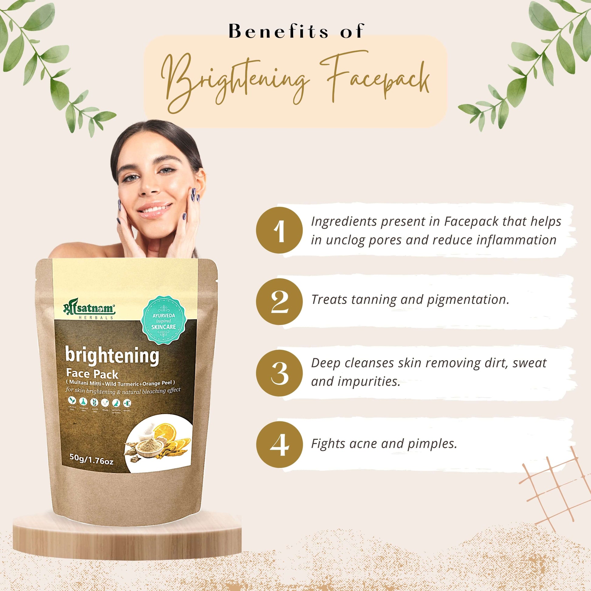 Brightening face pack benefits: unclogs pores, treats tanning, deep cleanses skin, fights acne for fresher, glowing complexion.
