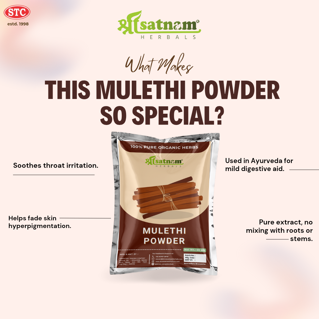 Pure Mulethi Powder (Licorice Root) – Ayurvedic Throat Soother for Digestion, Skin Brightening & Wellness (100g)