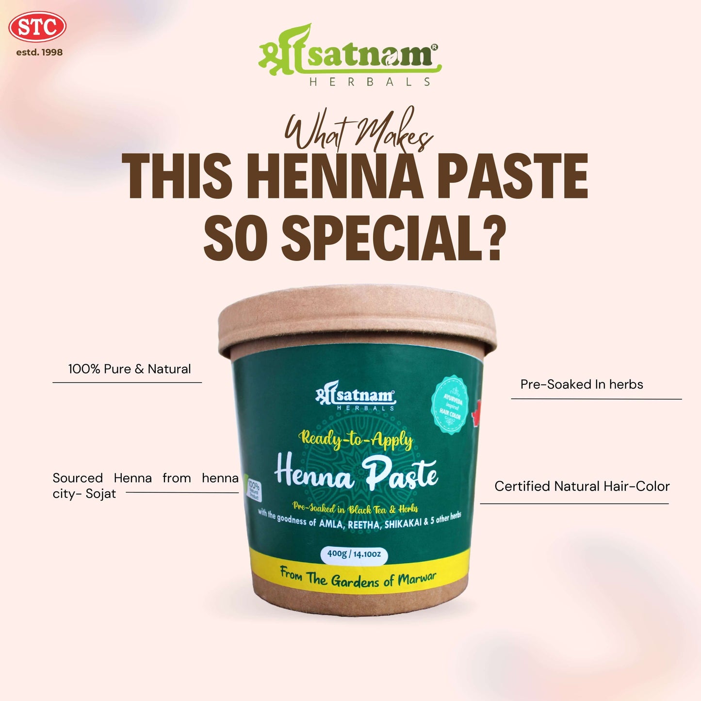 Shree Satnam Herbals PRE-SOAKED Ready-to-apply Henna Paste Kit – 400gm
